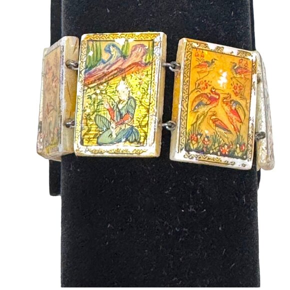 Vintage Jewelry - Sterling Silver & Mother of Pearl Hand Painted Panel Bracelet Birds Storyteller